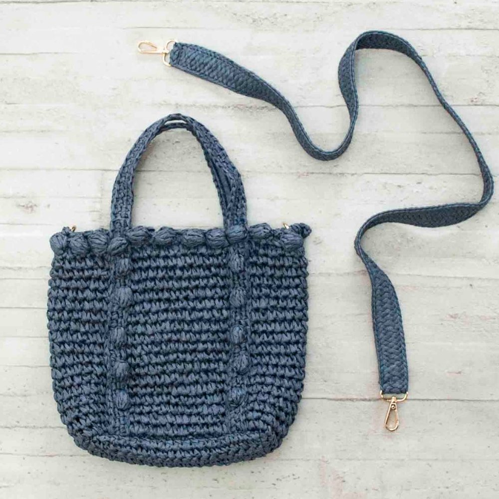 NWT Loft Raffia Pom Pom Crossbody Bag in Sailor Navy